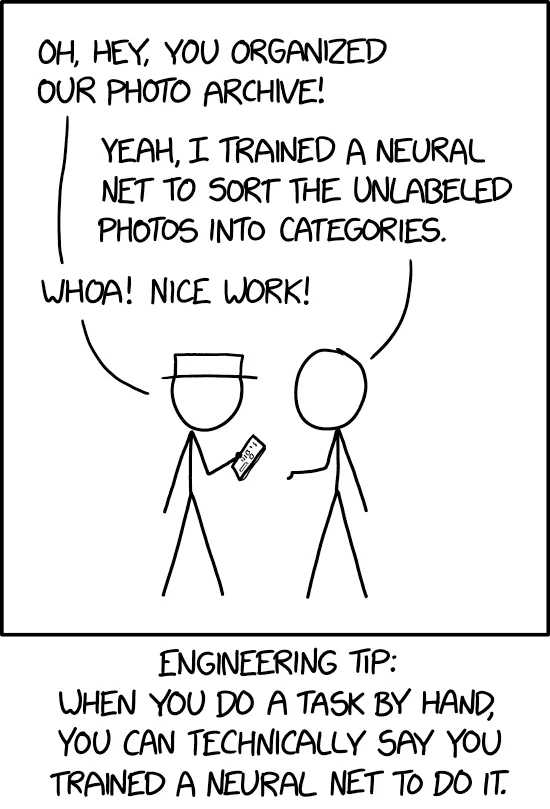 'Bild 3: XKCD skojar om att varje grej en människa gör tekniskt sett är att träna upp ett neuralt nätverk, dock inte ett artificiellt sådant.'