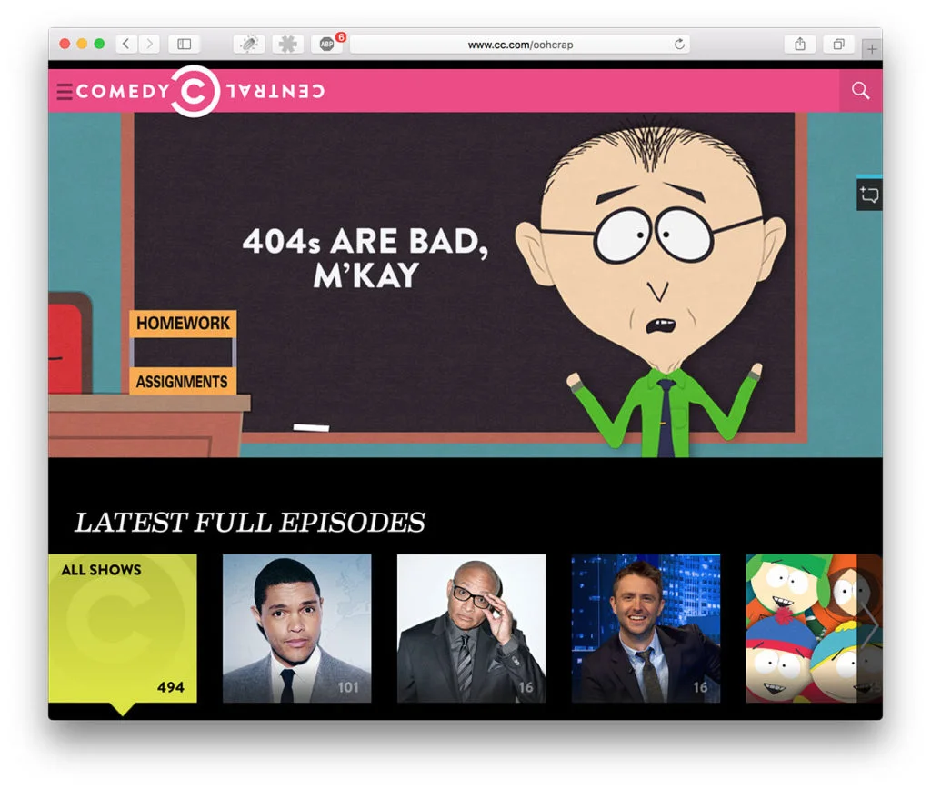 404 hos Comedy Central visar upp Southpark-figur