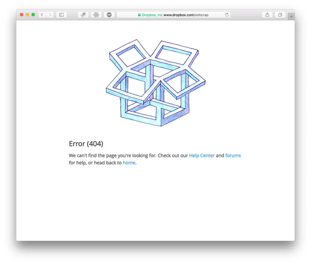 404 hos Dropbox visar en omöjlig ram