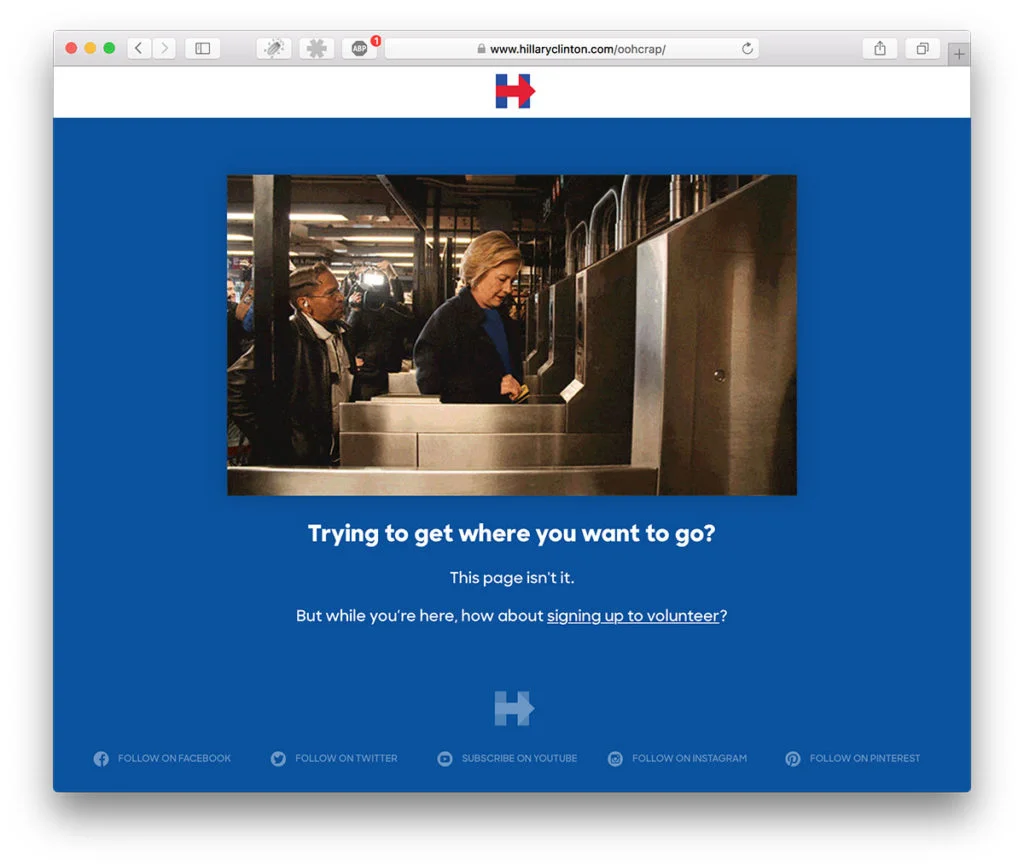 404 hos Hillary Clinton när hon inte lyckas dra sitt kort