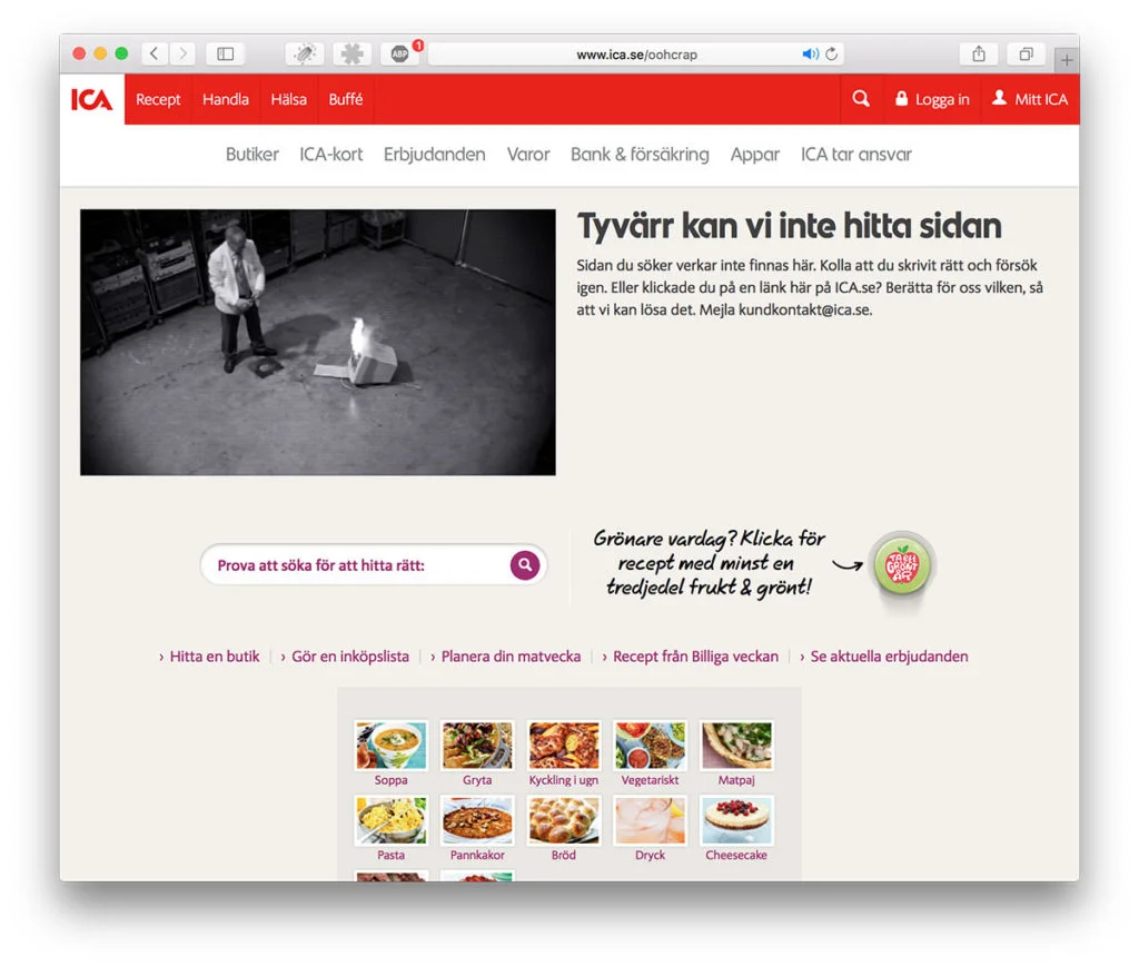 404 hos ICA visar en frustrerad anställd som eldar upp en skärm