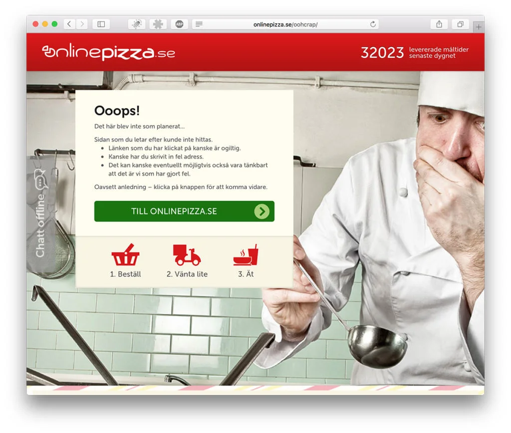 404 hos onlinepizza visar en ångerfull pizzabagare