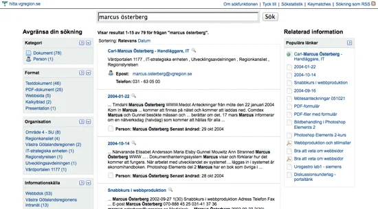 Bild över sökning på interna sökmotorn - hitta.vgregion.se